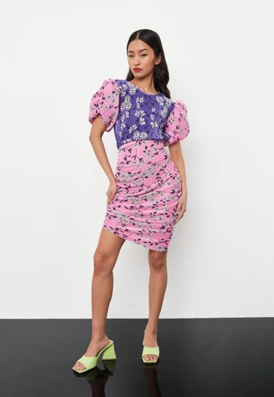 Missguided Plisse Mixed Floral Midi Dress Women Size 2 Pink Purple Pleated